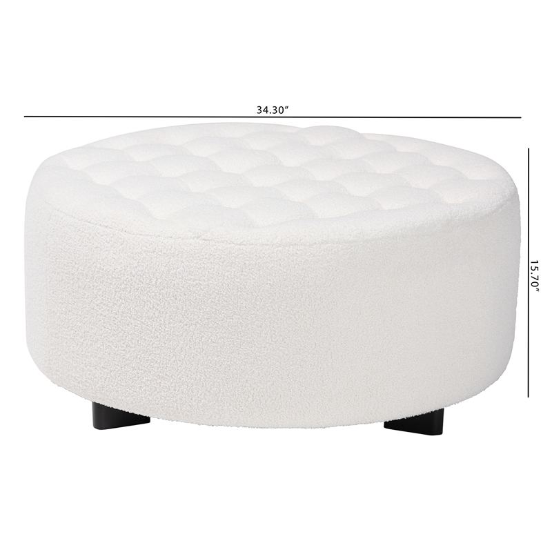 Pemberly Row Ivory Boucle Upholstered and Black Wood Round Ottoman
