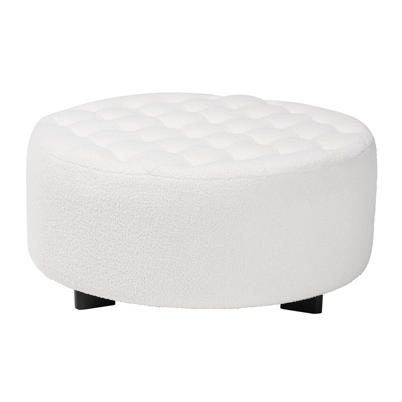Pemberly Row Ivory Boucle Upholstered and Black Wood Round Ottoman