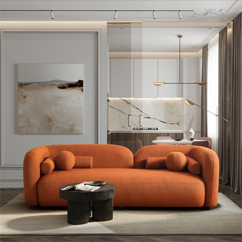 Pemberly Row Luxury Modern Orange Boucle Fabric Curvy Arm Couch