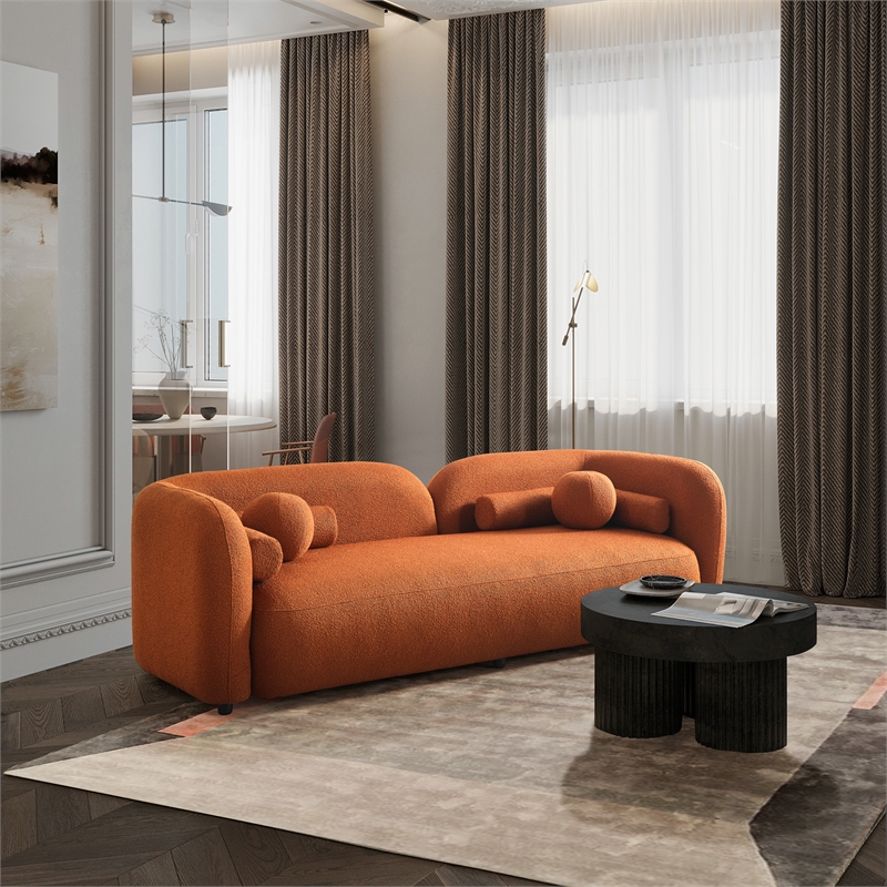 Pemberly Row Luxury Modern Orange Boucle Fabric Curvy Arm Couch