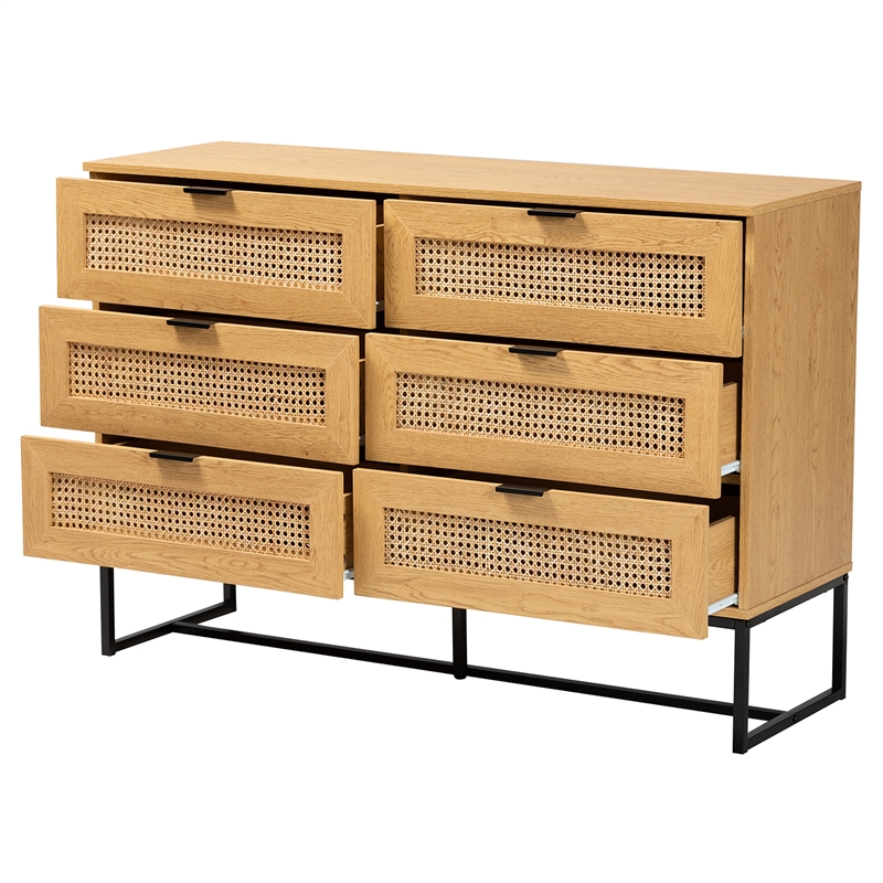 Pemberly Row Brown Wood and Black Metal 6-Drawer Cabinet with Rattan