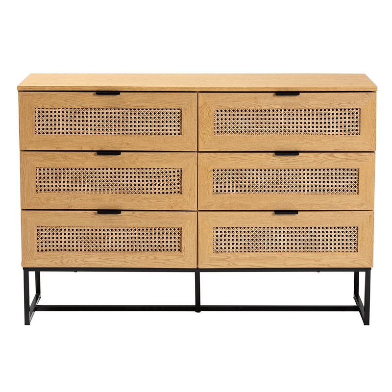 Pemberly Row Brown Wood and Black Metal 6-Drawer Cabinet with Rattan