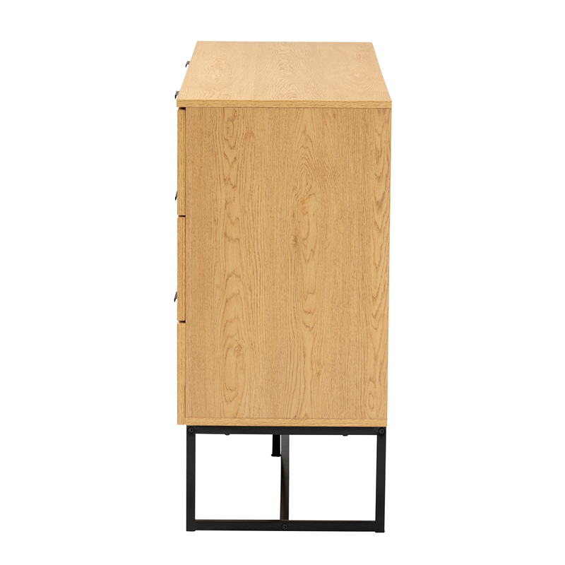 Pemberly Row Brown Wood and Black Metal 6-Drawer Cabinet with Rattan