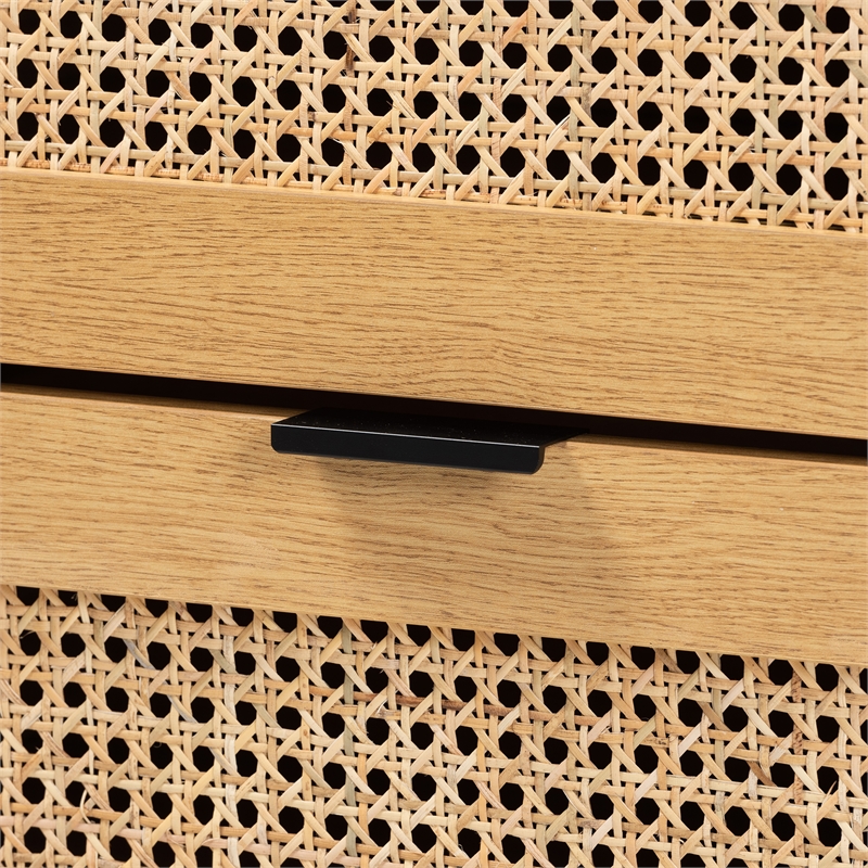 Pemberly Row Brown Wood and Black Metal 6-Drawer Cabinet with Rattan
