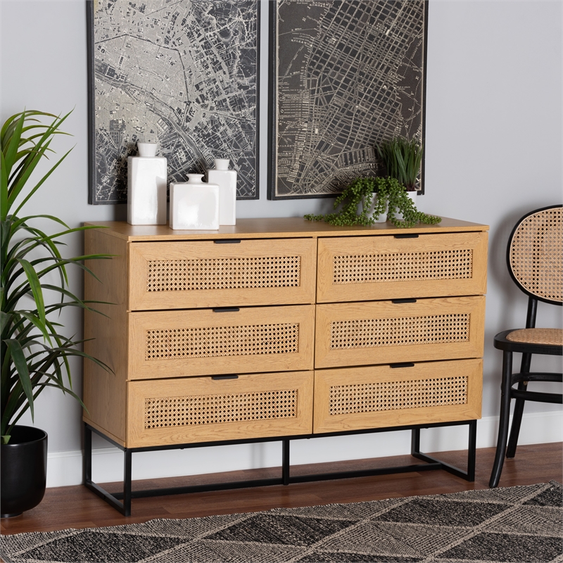 Pemberly Row Brown Wood and Black Metal 6-Drawer Cabinet with Rattan