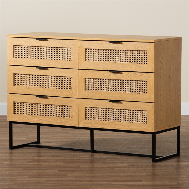 Pemberly Row Brown Wood and Black Metal 6-Drawer Cabinet with Rattan