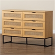 Pemberly Row Brown Wood and Black Metal 6-Drawer Cabinet with Rattan