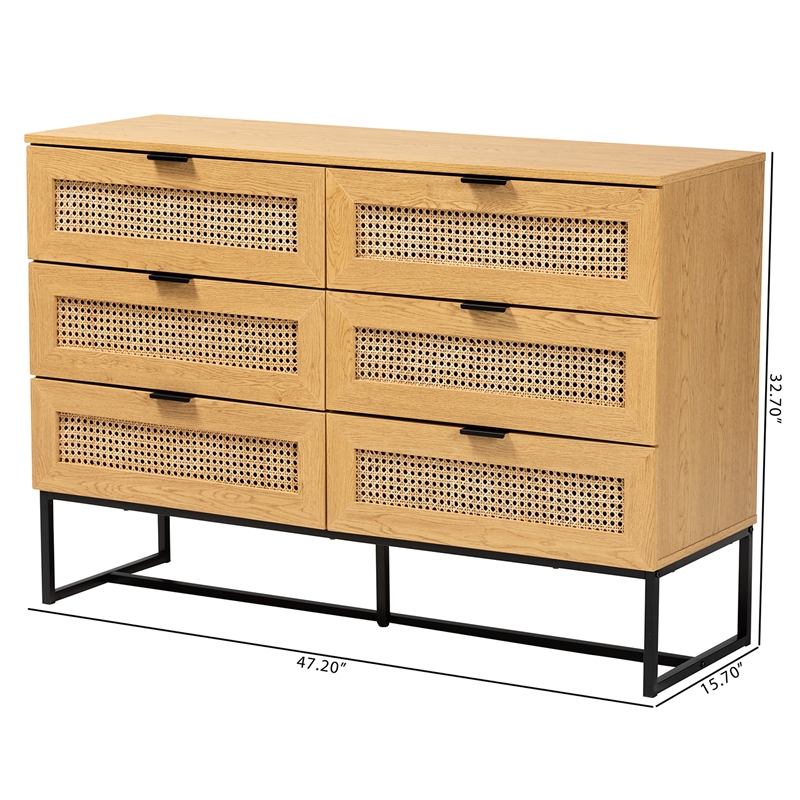 Pemberly Row Brown Wood and Black Metal 6-Drawer Cabinet with Rattan
