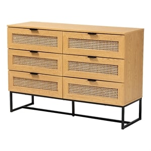 Pemberly Row Brown Wood and Black Metal 6-Drawer Cabinet with Rattan