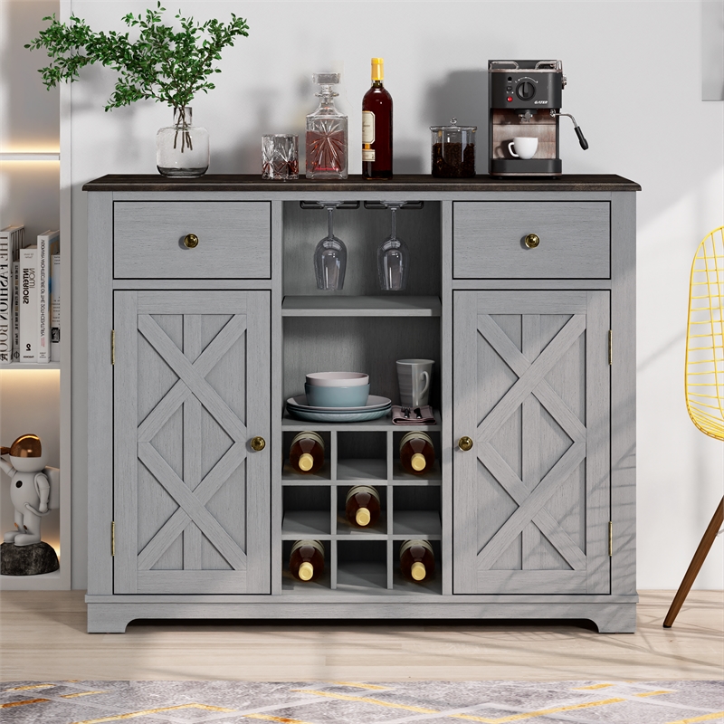 Pemberly Row 47 in. Gray Wood Bar Cabinet w/ Brushed Nickel Knobs