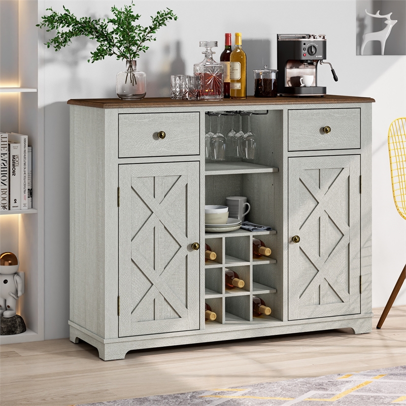 Pemberly Row 47 in. Wood Bar Cabinet w/ Brushed Nickel Knobs - Off White