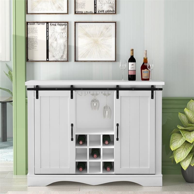 Pemberly Row White Buffet Bar Cabinet Barn Door w/ Marbling Pattern Countertop