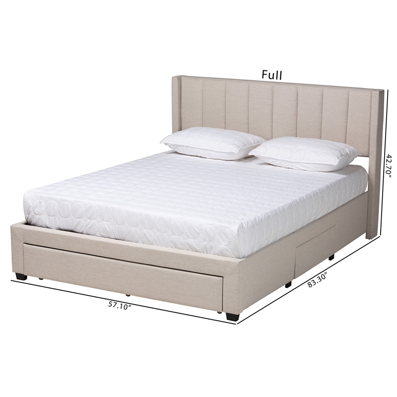 Pemberly Row Beige Fabric Full Size 3-Drawer Storage Platform Bed