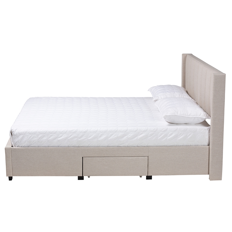 Pemberly Row Beige Fabric Full Size 3-Drawer Storage Platform Bed