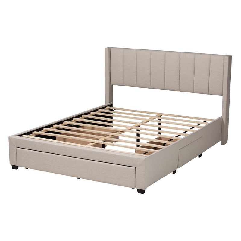 Pemberly Row Beige Fabric Full Size 3-Drawer Storage Platform Bed