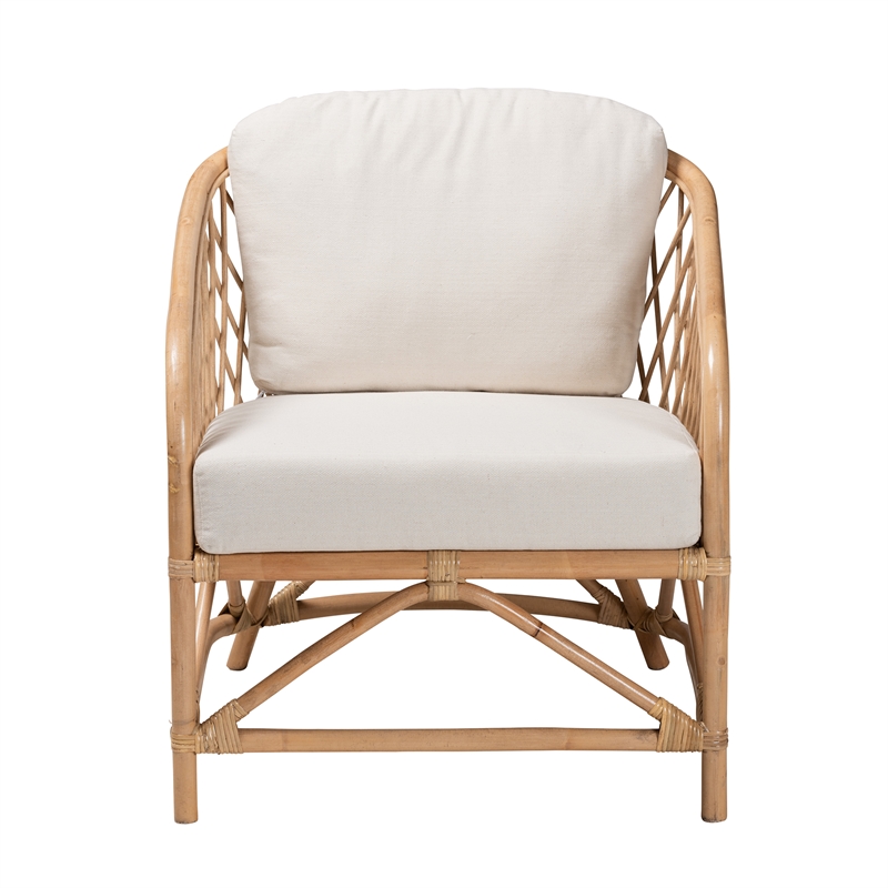 Pemberly Row Modern White Fabric and Natural Brown Rattan Armchair