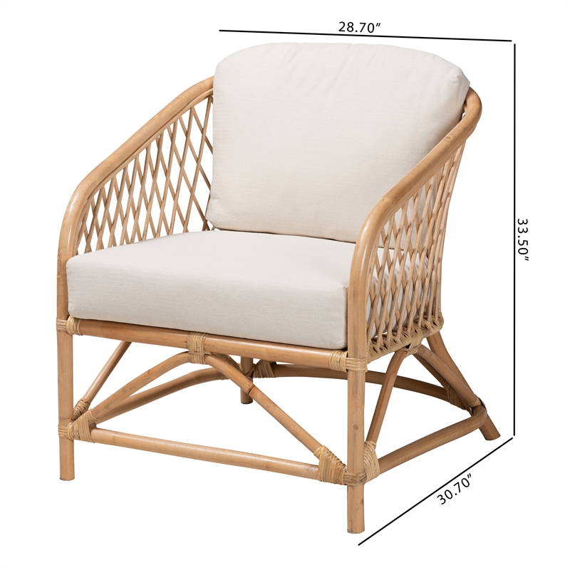 Pemberly Row Modern White Fabric and Natural Brown Rattan Armchair