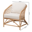 Pemberly Row Modern White Fabric and Natural Brown Rattan Armchair