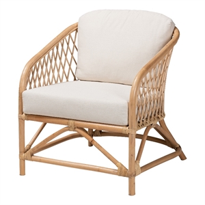 Pemberly Row Modern White Fabric and Natural Brown Rattan Armchair