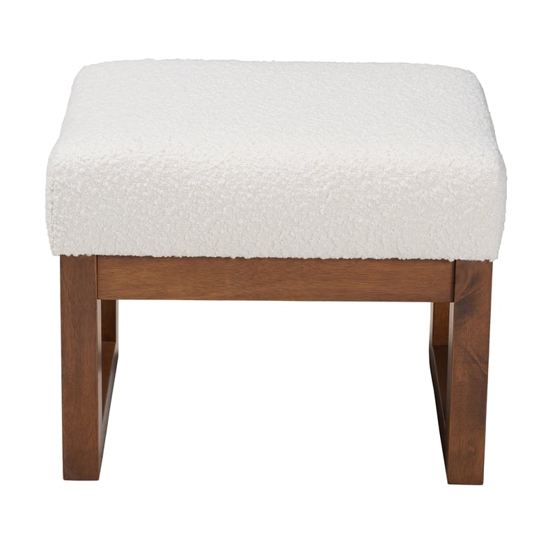 Pemberly Row White Boucle Upholstered and Brown Wood Ottoman Footstool
