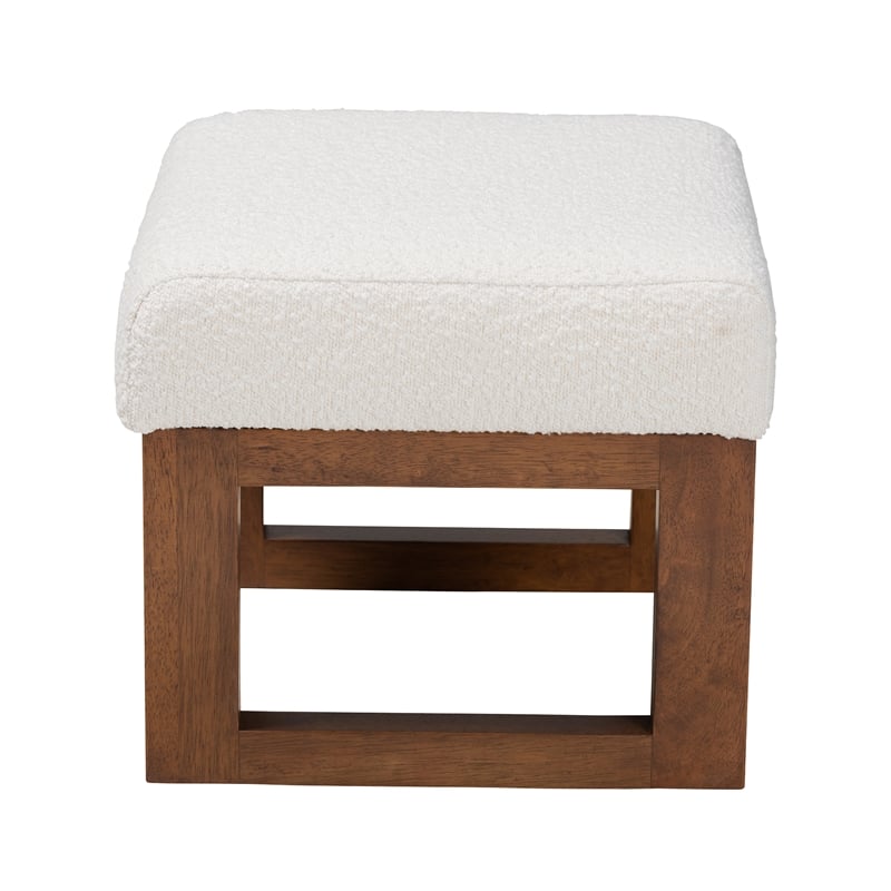 Pemberly Row White Boucle Upholstered and Brown Wood Ottoman Footstool