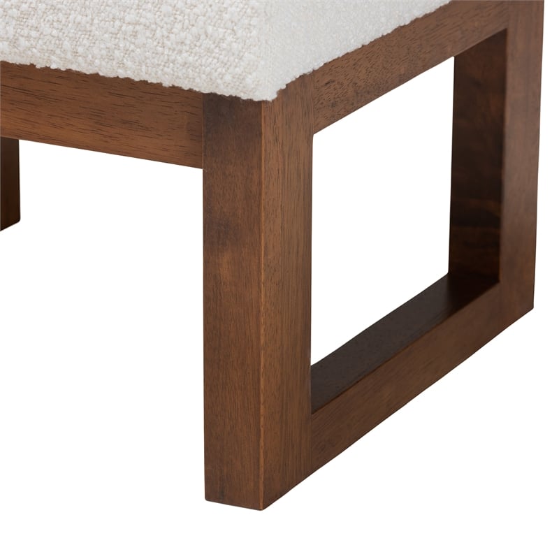 Pemberly Row White Boucle Upholstered and Brown Wood Ottoman Footstool