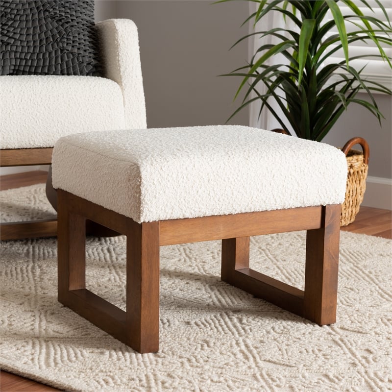 Pemberly Row White Boucle Upholstered and Brown Wood Ottoman Footstool