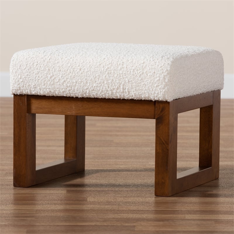 Pemberly Row White Boucle Upholstered and Brown Wood Ottoman Footstool