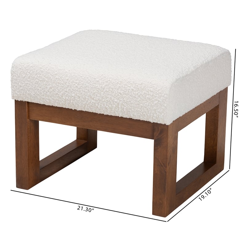 Pemberly Row White Boucle Upholstered and Brown Wood Ottoman Footstool