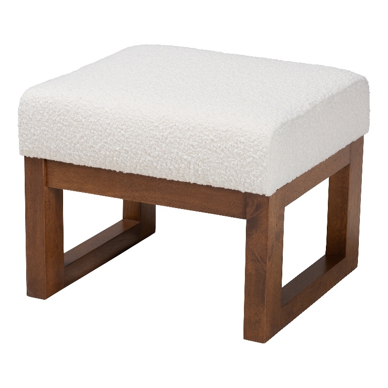Pemberly Row White Boucle Upholstered and Brown Wood Ottoman Footstool