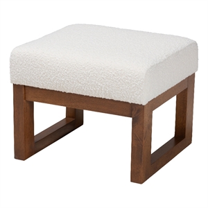Pemberly Row White Boucle Upholstered and Brown Wood Ottoman Footstool