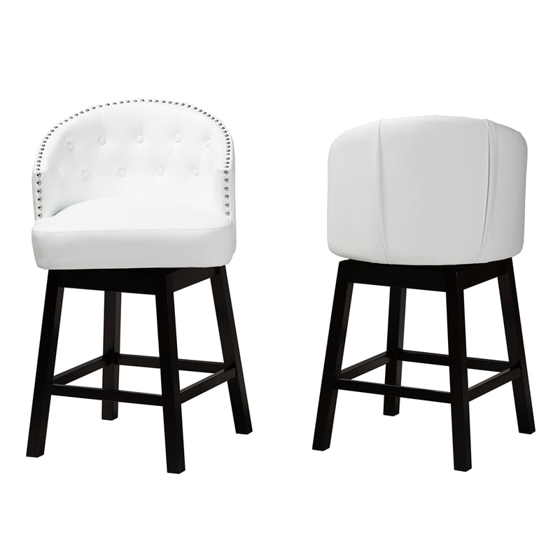 Pemberly Row White Faux Leather and Brown Wood 2-Piece Counter Stool Set