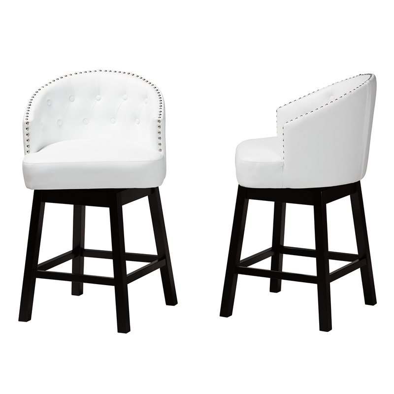 Pemberly Row White Faux Leather and Brown Wood 2-Piece Counter Stool Set