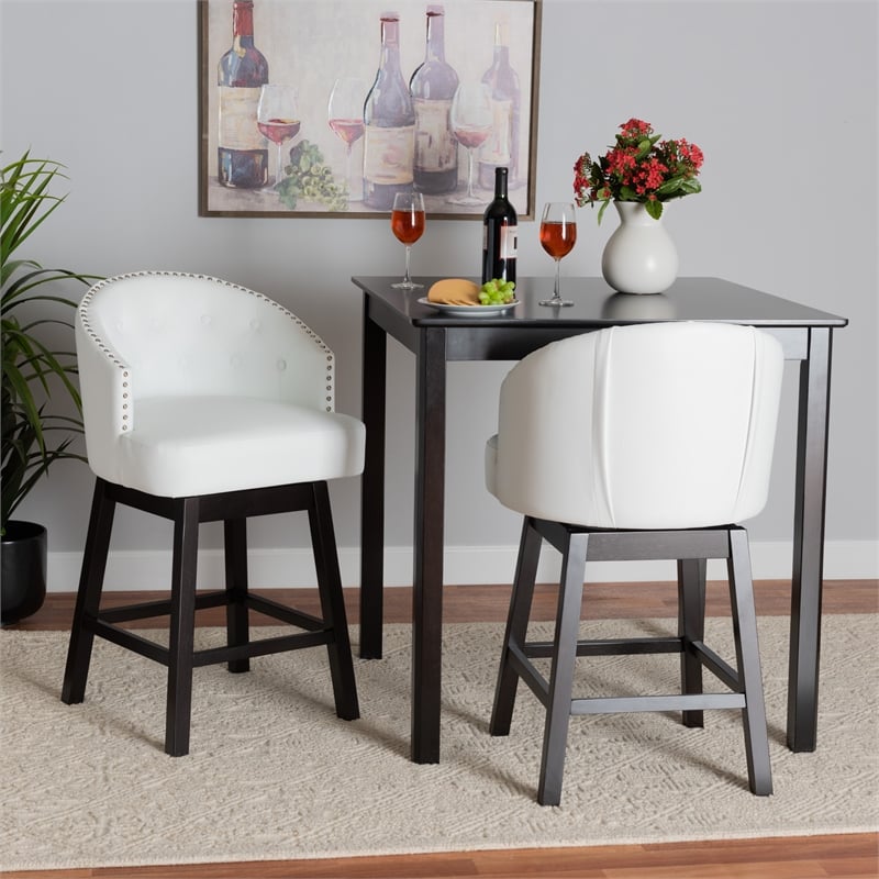 Pemberly Row White Faux Leather and Brown Wood 2-Piece Counter Stool Set