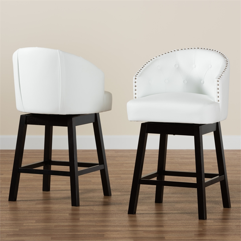 Pemberly Row White Faux Leather and Brown Wood 2-Piece Counter Stool Set