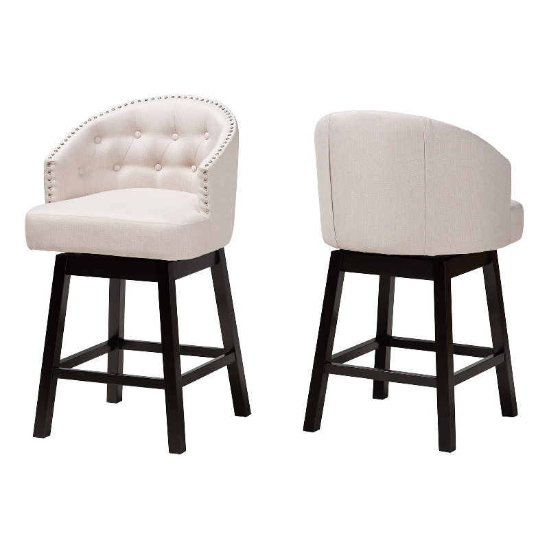 Pemberly Row Light Beige Fabric and Brown Wood 2-Piece Counter Stool Set