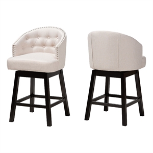 Pemberly Row Light Beige Fabric and Brown Wood 2-Piece Counter Stool Set