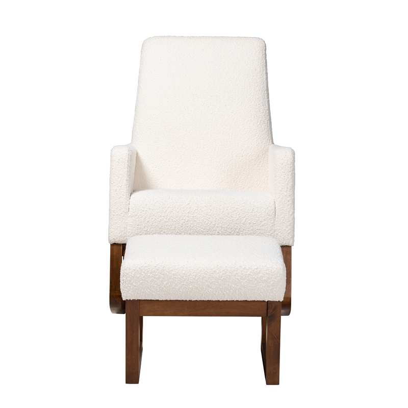 Pemberly Row White Upholstered Brown Wood 2-Piece Chair and Ottoman Set