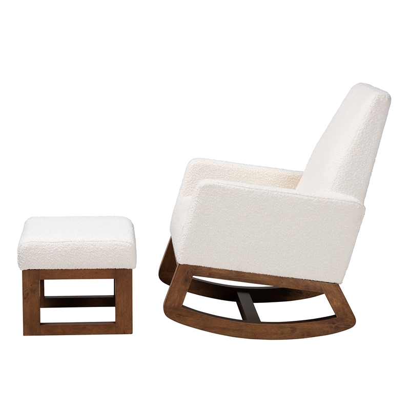 Pemberly Row White Upholstered Brown Wood 2-Piece Chair and Ottoman Set
