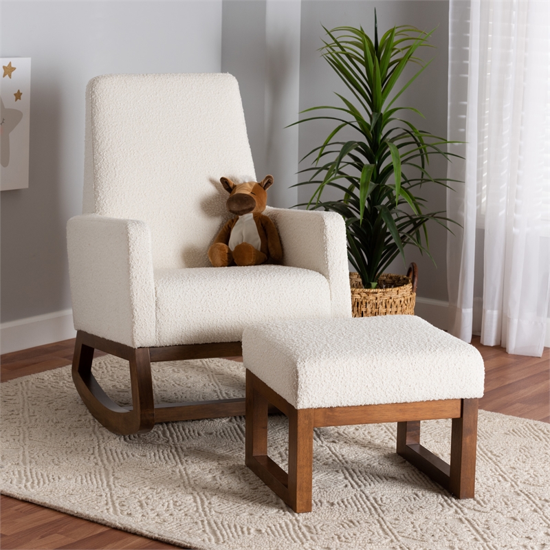 Pemberly Row White Upholstered Brown Wood 2-Piece Chair and Ottoman Set
