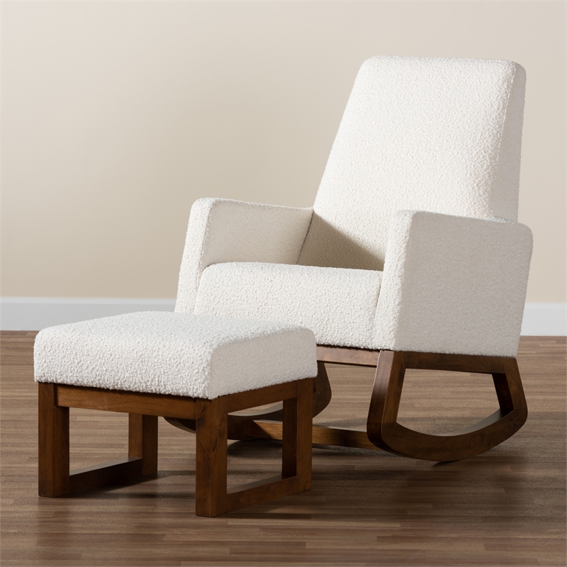 Pemberly Row White Upholstered Brown Wood 2-Piece Chair and Ottoman Set