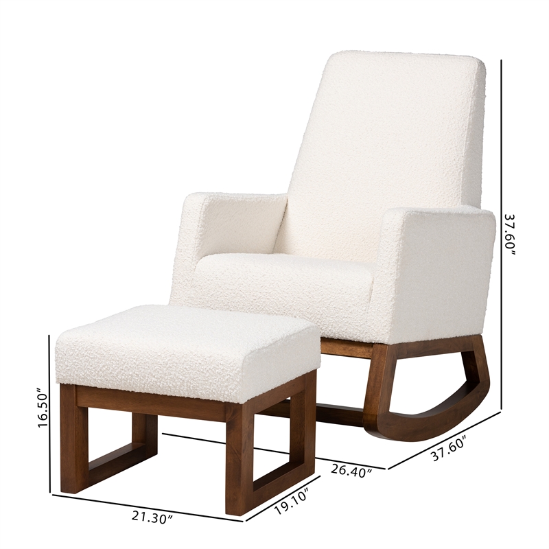 Pemberly Row White Upholstered Brown Wood 2-Piece Chair and Ottoman Set