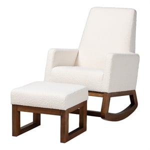 Pemberly Row White Upholstered Brown Wood 2-Piece Chair and Ottoman Set