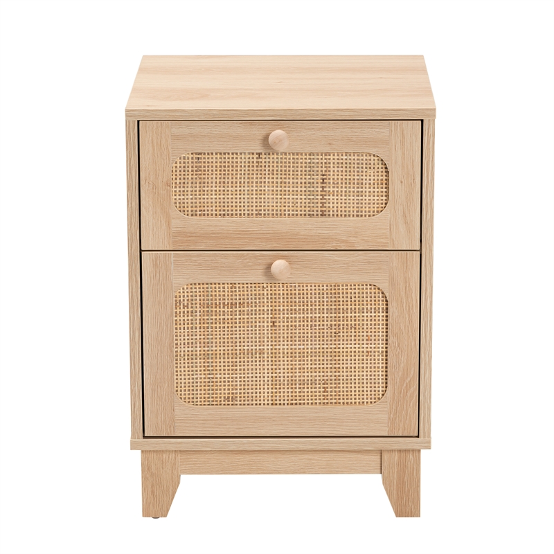 Pemberly Row Light Brown Wood and Natural Rattan 1-Drawer End Table