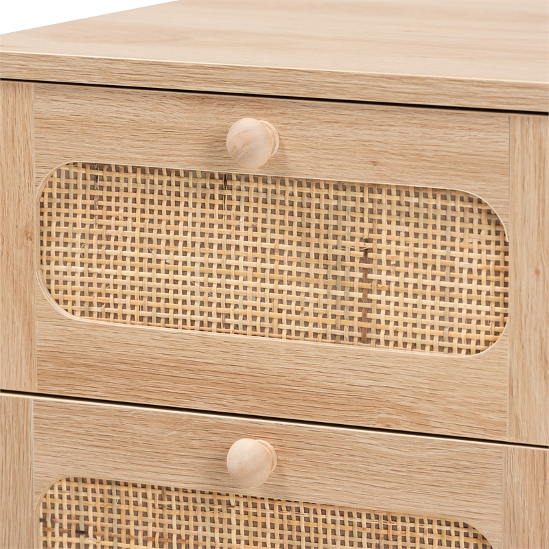 Pemberly Row Light Brown Wood and Natural Rattan 1-Drawer End Table