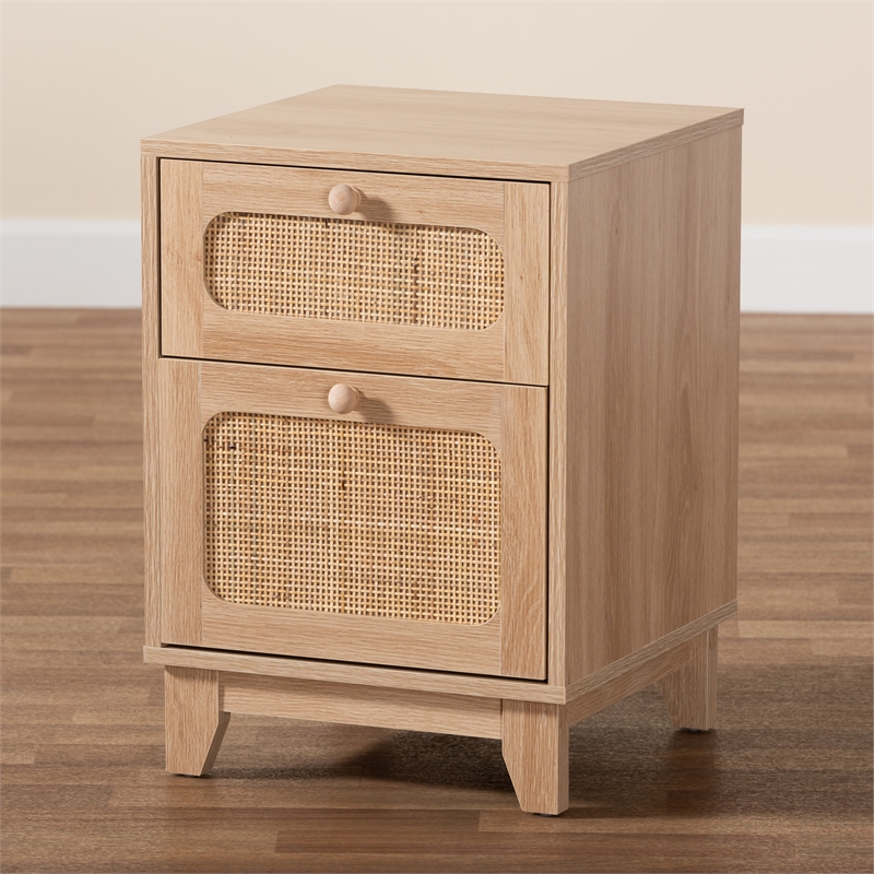 Pemberly Row Light Brown Wood and Natural Rattan 1-Drawer End Table