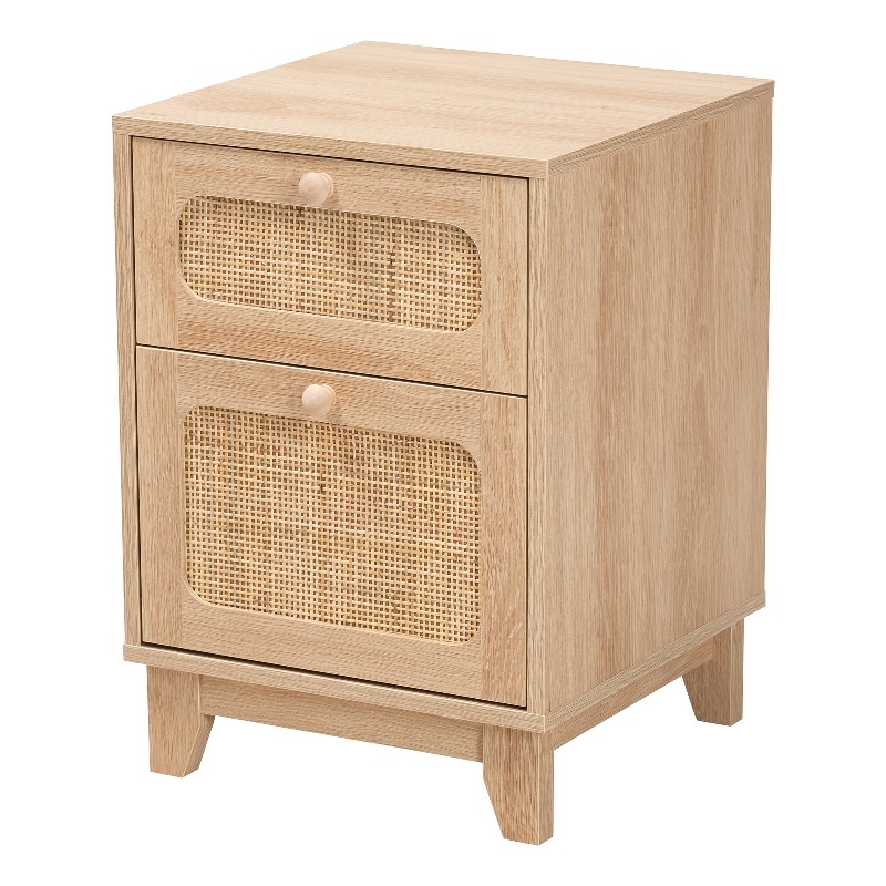 Pemberly Row Light Brown Wood and Natural Rattan 1-Drawer End Table