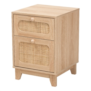 Pemberly Row Light Brown Wood and Natural Rattan 1-Drawer End Table