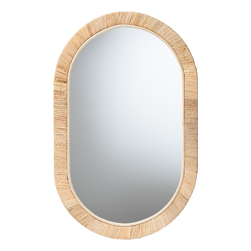 Pemberly Row Natural Brown Mahognay Wood and Natural Rattan Oval Mirror