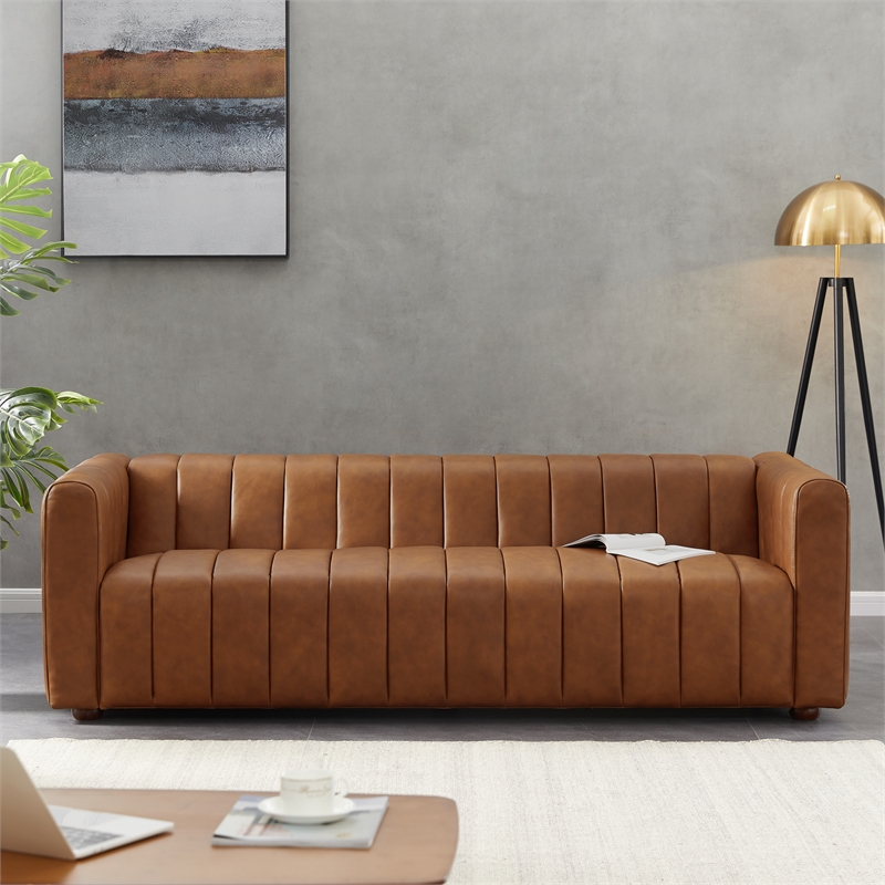 Pemberly Row Mid-Century Modern Living Room Genuine Leather Sofa in Cognac Tan